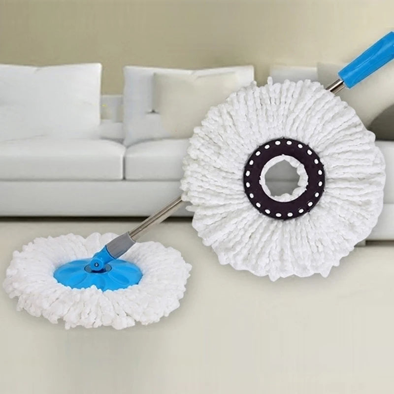 White fluffy replacement mop heads with blue handles and black centers for rotating spin mops