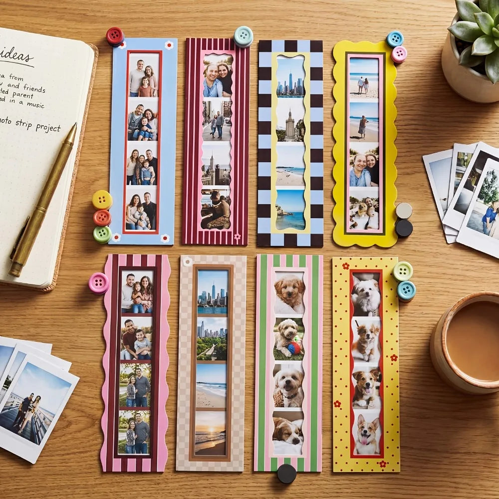 A set of colorful magnetic photo frames displayed on a wooden surface.