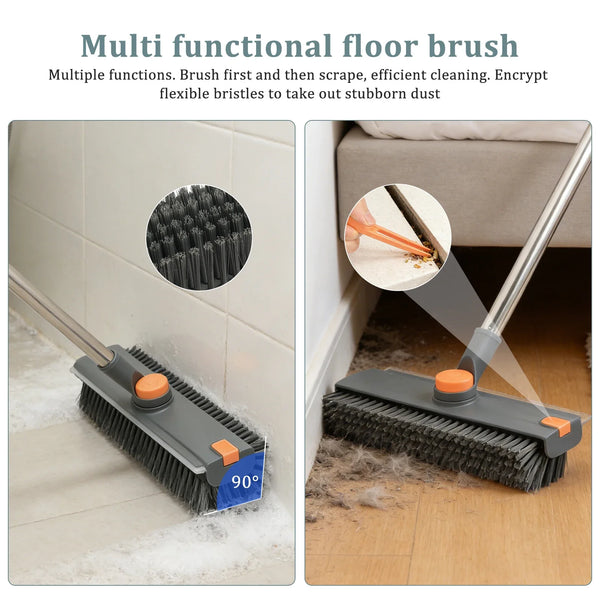 Cepillo de suelo multifuncional con mango telescópico y cerdas de 90 grados limpiando un suelo de madera.