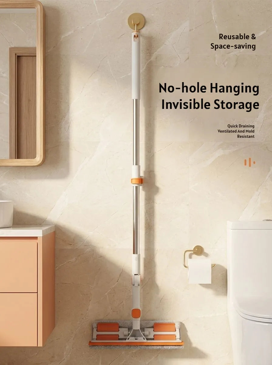 A silver double-sided window cleaning tool is shown hanging on a wall, demonstrating no-hole invisible storage.