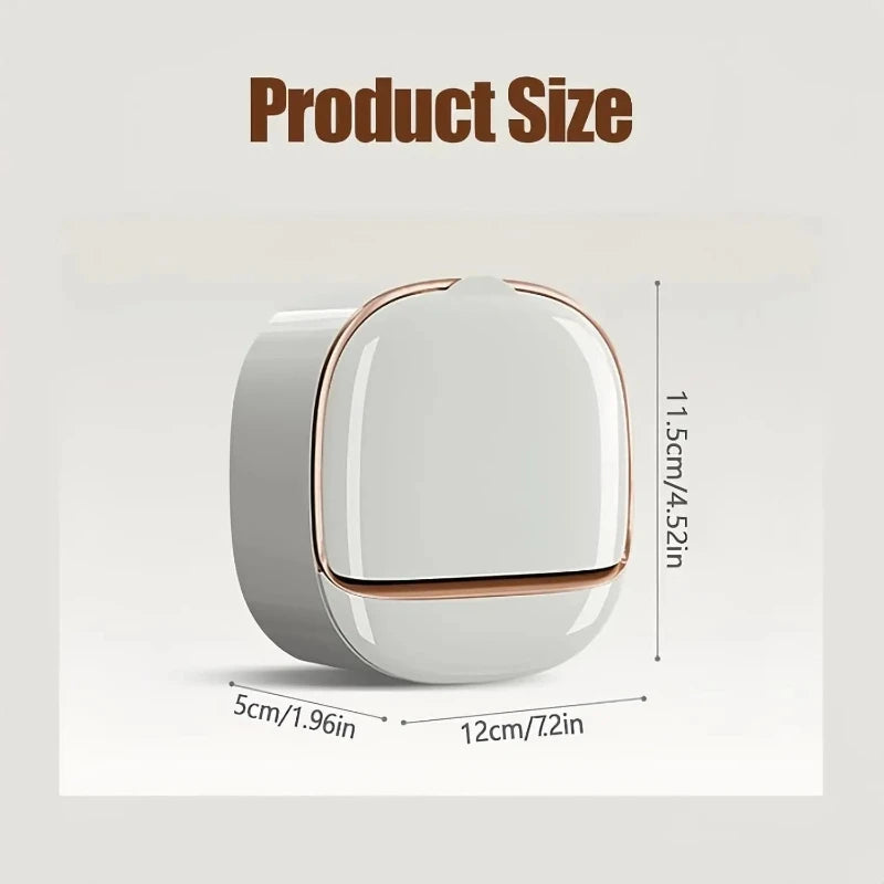 A white wall-mounted soap holder with a lid shown from the side and top view, displaying its dimensions.