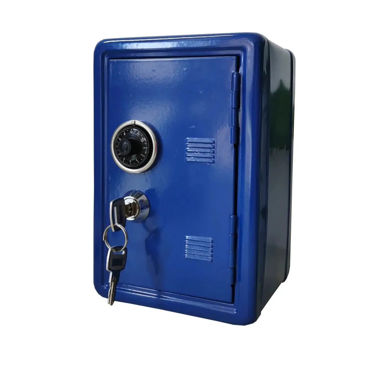 A blue metal piggy bank with a combination lock and a keyhole.