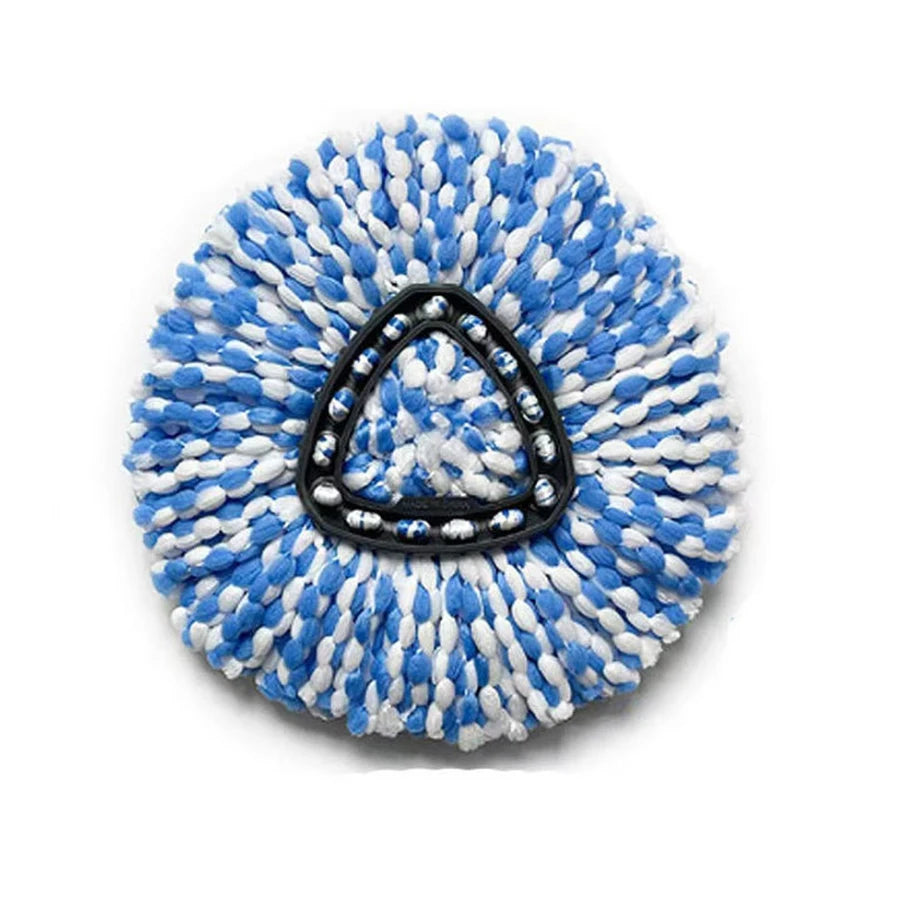 A circular blue and white bristled mop head with a black triangular center.