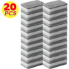 A stack of twenty kitchen cleaning sponges with a gray and white striped pattern.