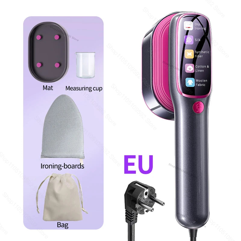 A handheld garment steamer iron with various accessories including a mat, measuring cup, ironing boards, and bag.