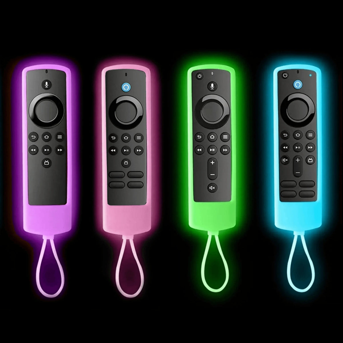 Cuatro fundas remotas de silicona fosforescente para Fire Stick en morado, rosa, verde y azul.