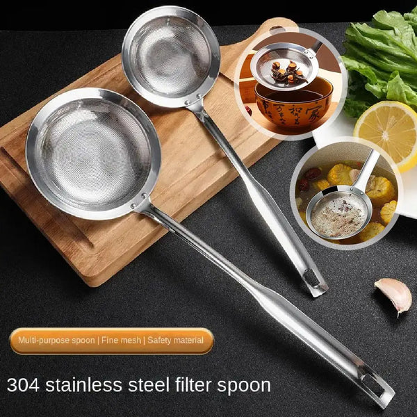 A stainless steel filter spoon is shown with various food items and a citrus slice on a wooden cutting board.