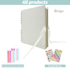 Cuaderno espiral beige con hojas blancas y una cinta blanca, acompañado de dos pegatinas de esquina coloridas y dos con forma