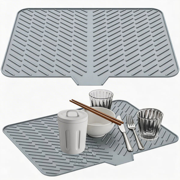 A silicone dish drying mat in light gray shows a white cup, chopsticks, fork, and glass bowl.