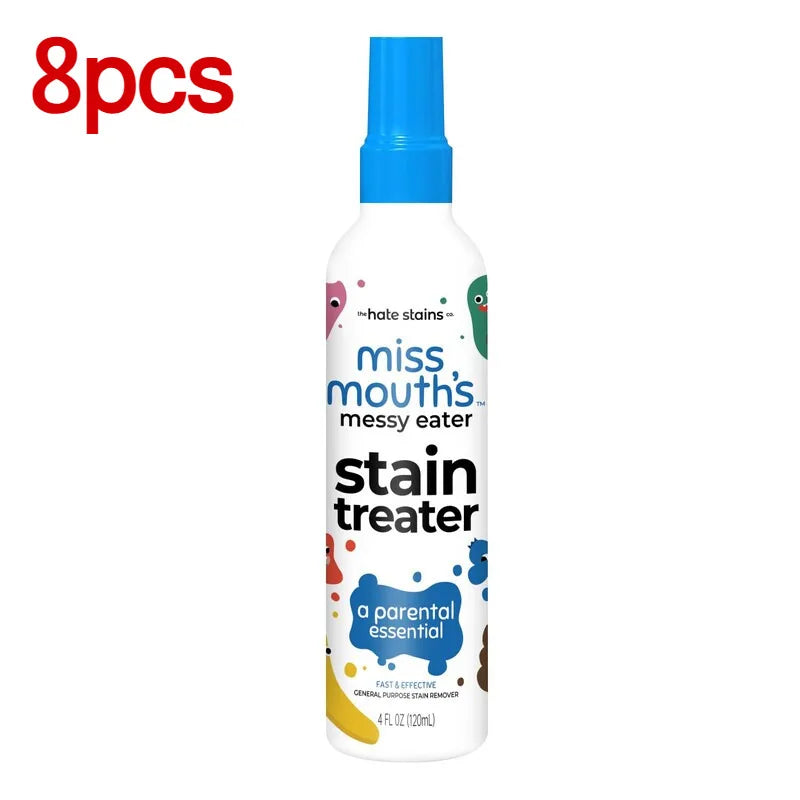 A bottle of Miss Mouth's Messy Eater stain treater with a blue cap and white label.