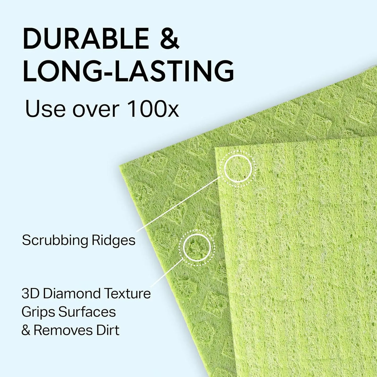 Close-up of green reusable microfiber dishcloths showing textured ridges and diamond surface for cleaning.