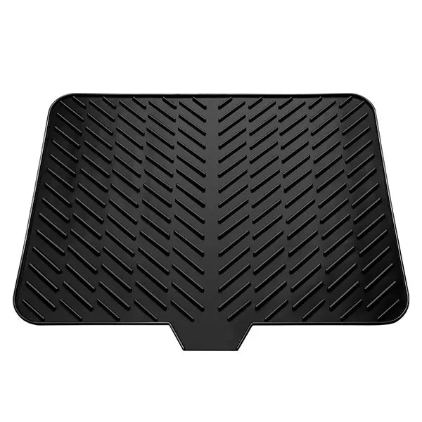 Black silicone dish drying mat with a built-in drain lip for drying dishes.