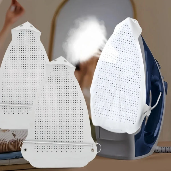 A white protective iron shoe cover is shown next to a dark blue appliance.