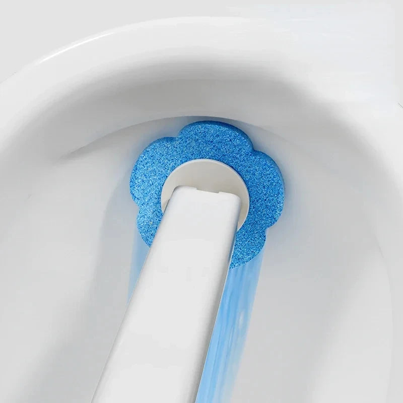 A reusable toilet cleaning brush set with a blue, glittery head is shown inside a white toilet bowl.