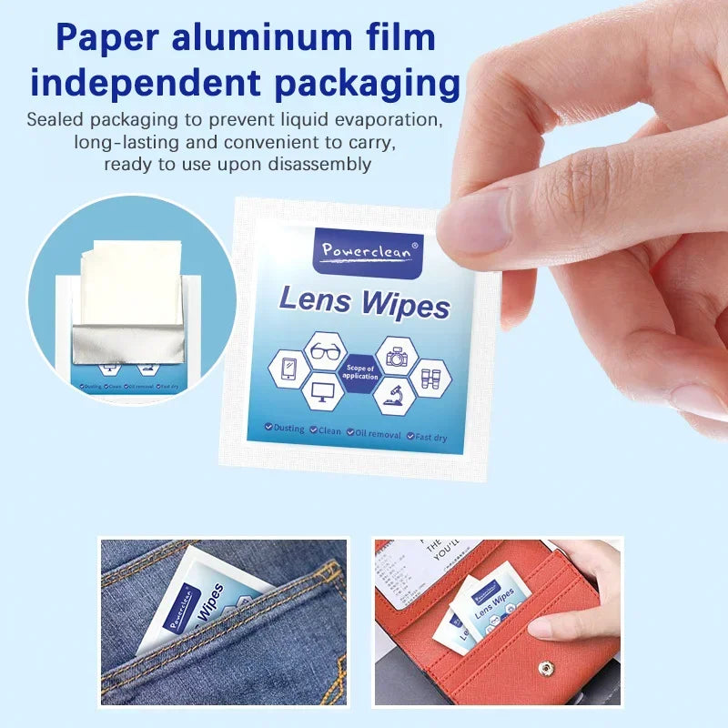 A hand holds a package of Powerclean Lens Wipes, showing the product being used or carried in various contexts.