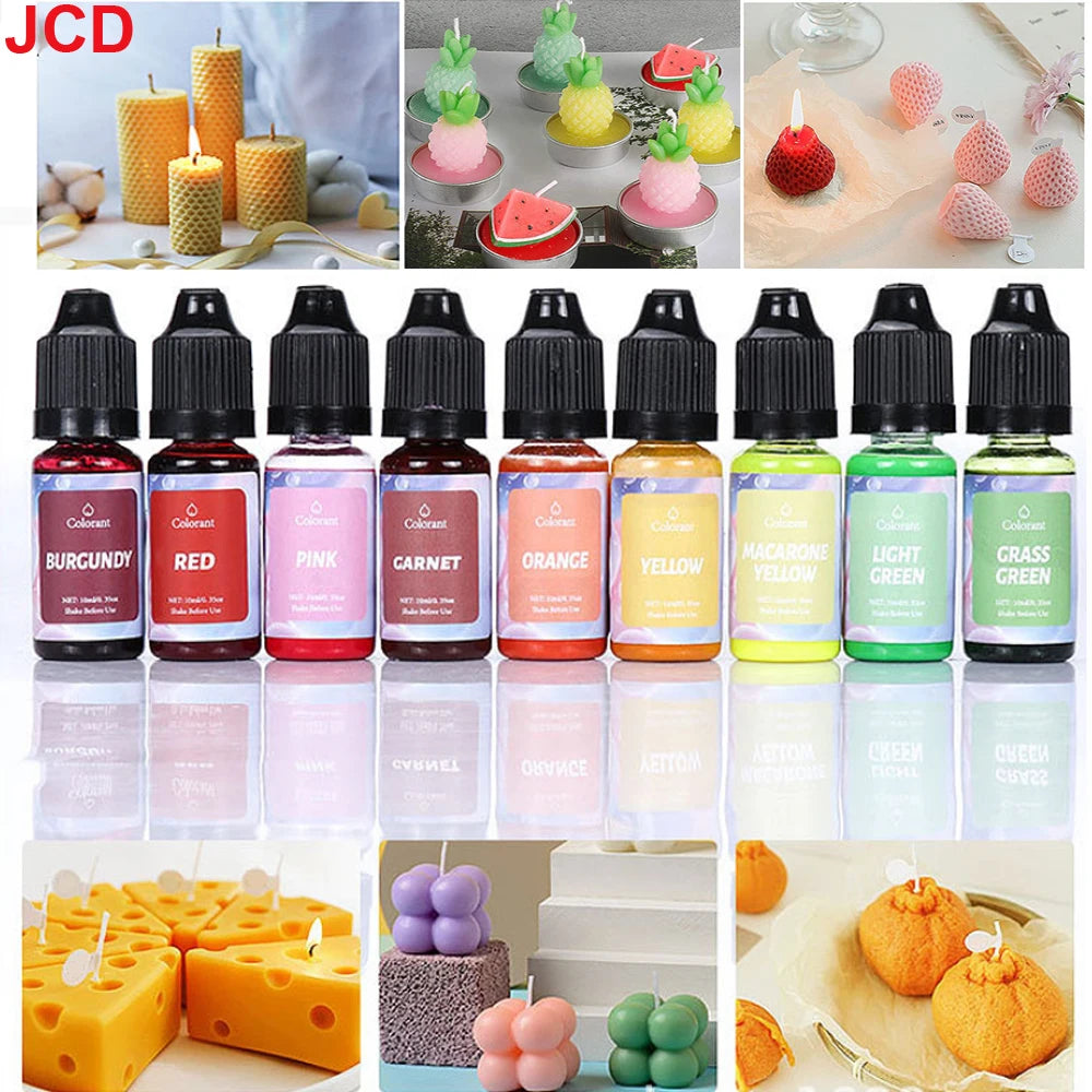 A collection of 18-color concentrated liquid candle dye bottles in various shades and packaging.