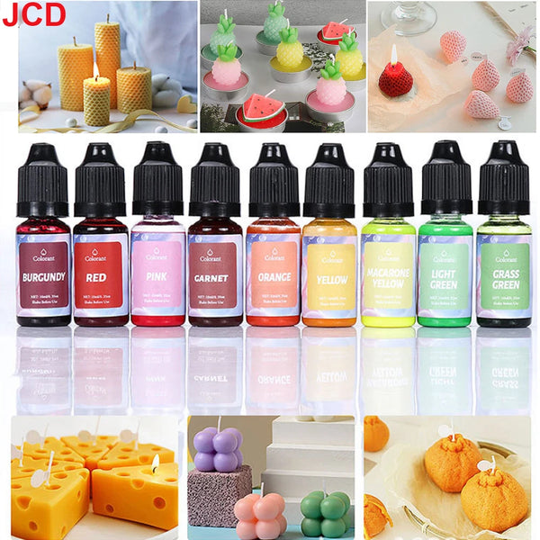 A collection of 18-color concentrated liquid candle dye bottles in various shades and packaging.