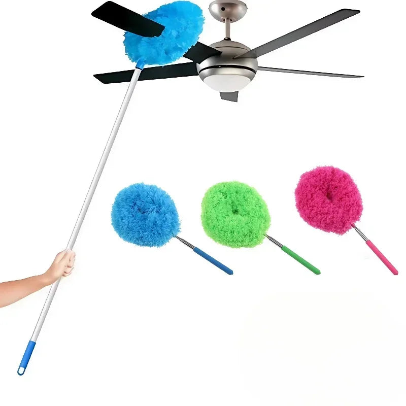 Extendable microfiber duster with three colored foam heads: blue, green, and pink.