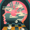 A vibrant abstract art print featuring a silhouette of a head with radiating lines and spheres against a pink and teal backgr
