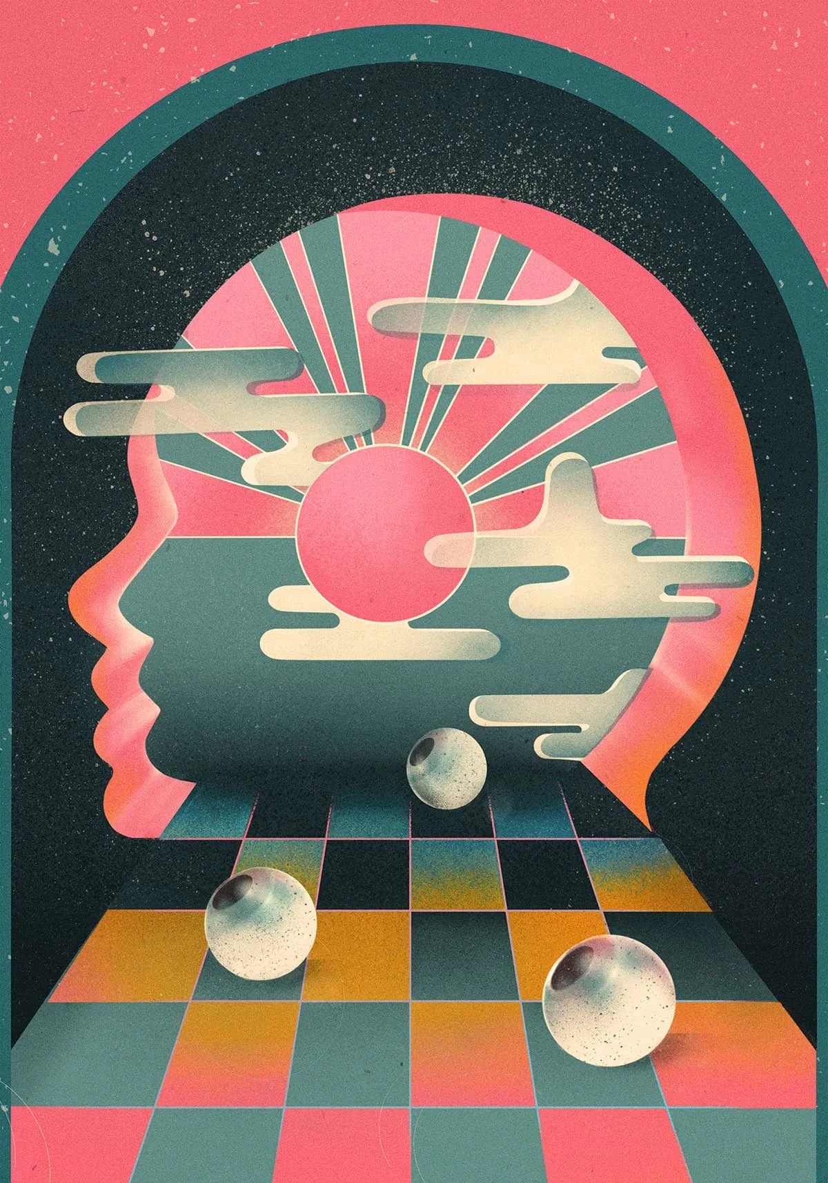 A vibrant abstract art print featuring a silhouette of a head with radiating lines and spheres against a pink and teal backgr
