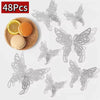 48 pieces of silver decorative butterfly wall stickers with a natural wood slice and citrus fruit.