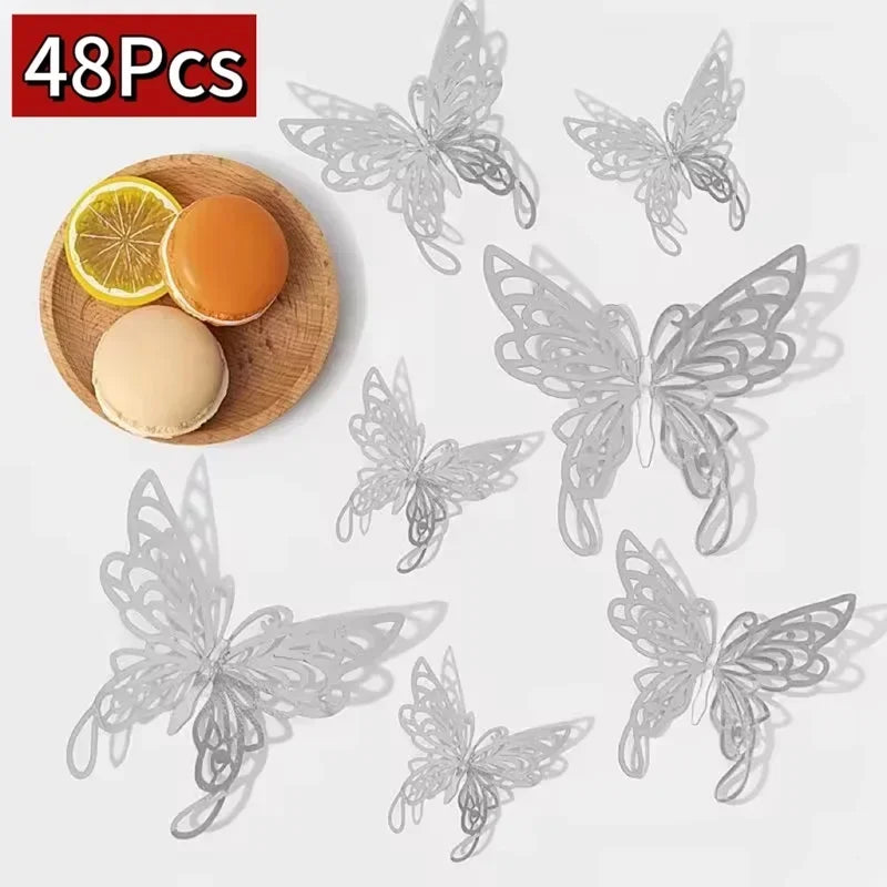 48 pieces of silver decorative butterfly wall stickers with a natural wood slice and citrus fruit.