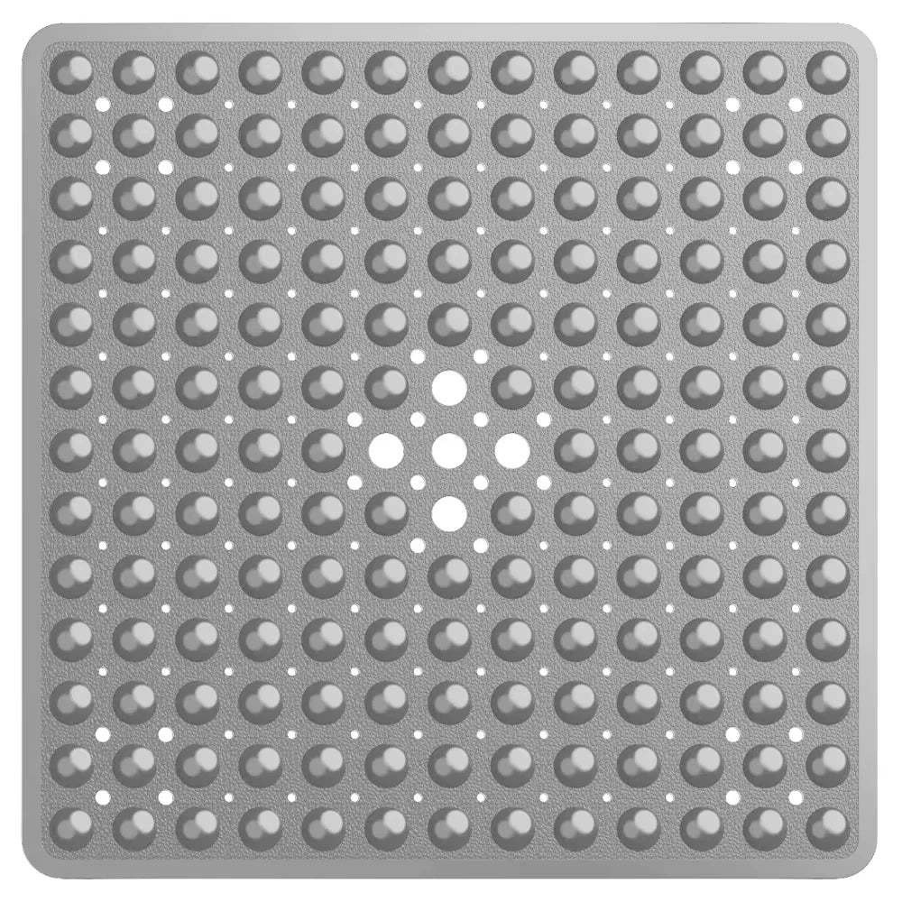 A gray non-slip shower mat with numerous suction cups for bathroom use.