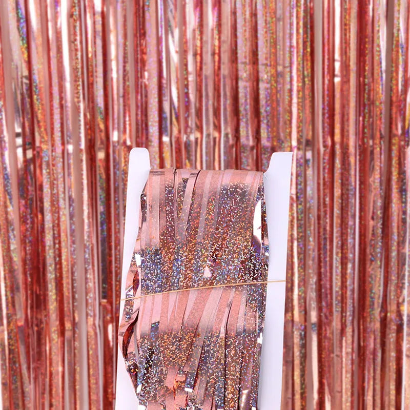 Rose gold foil tinsel fringe curtain backdrop set with shimmering strands