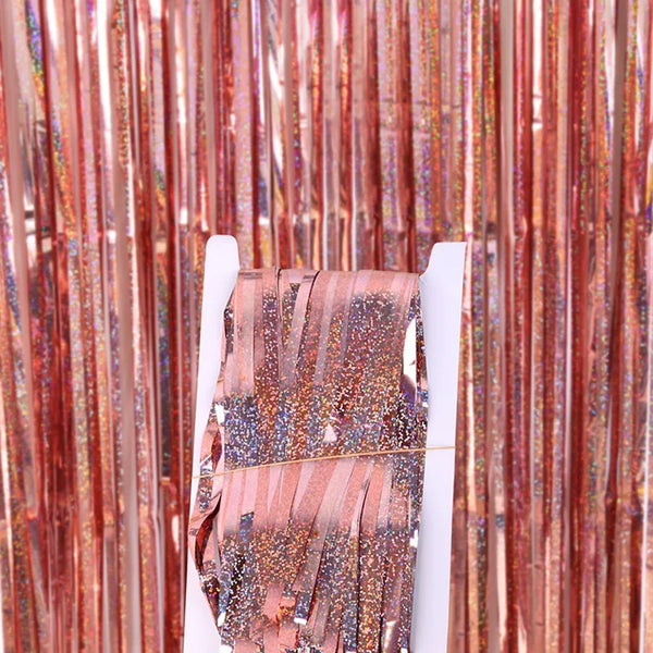 Rose gold foil tinsel fringe curtain backdrop set with shimmering strands