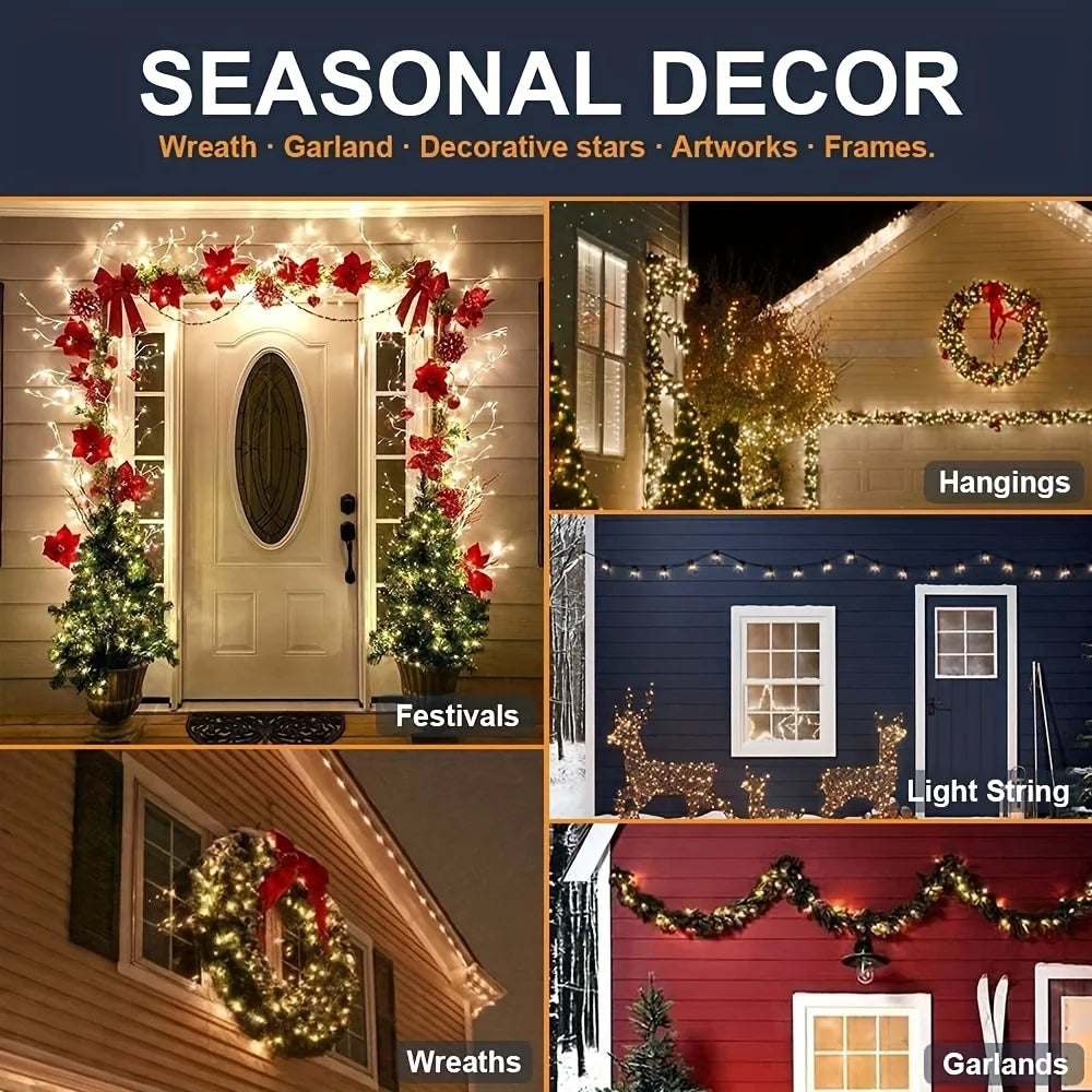 Seasonal decor featuring wreaths, garlands, decorative stars, artworks, and frames for seasonal decorating.