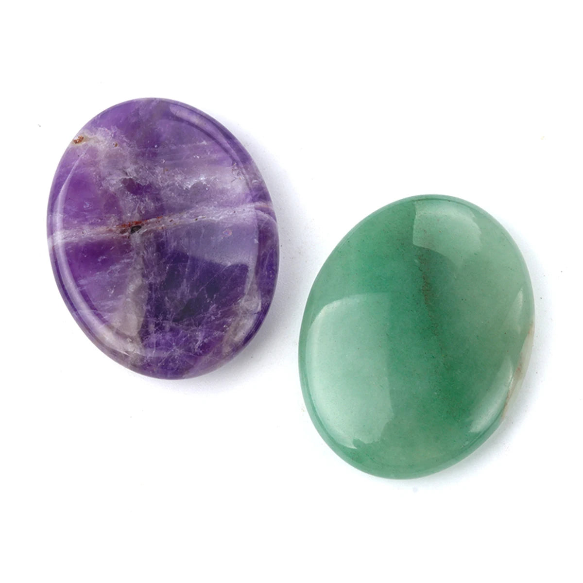 Two polished quartz thumb stones, one purple and one green, displayed on a white background.