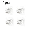 A set of four clear self-adhesive curtain rod hooks packaged in individual plastic holders.