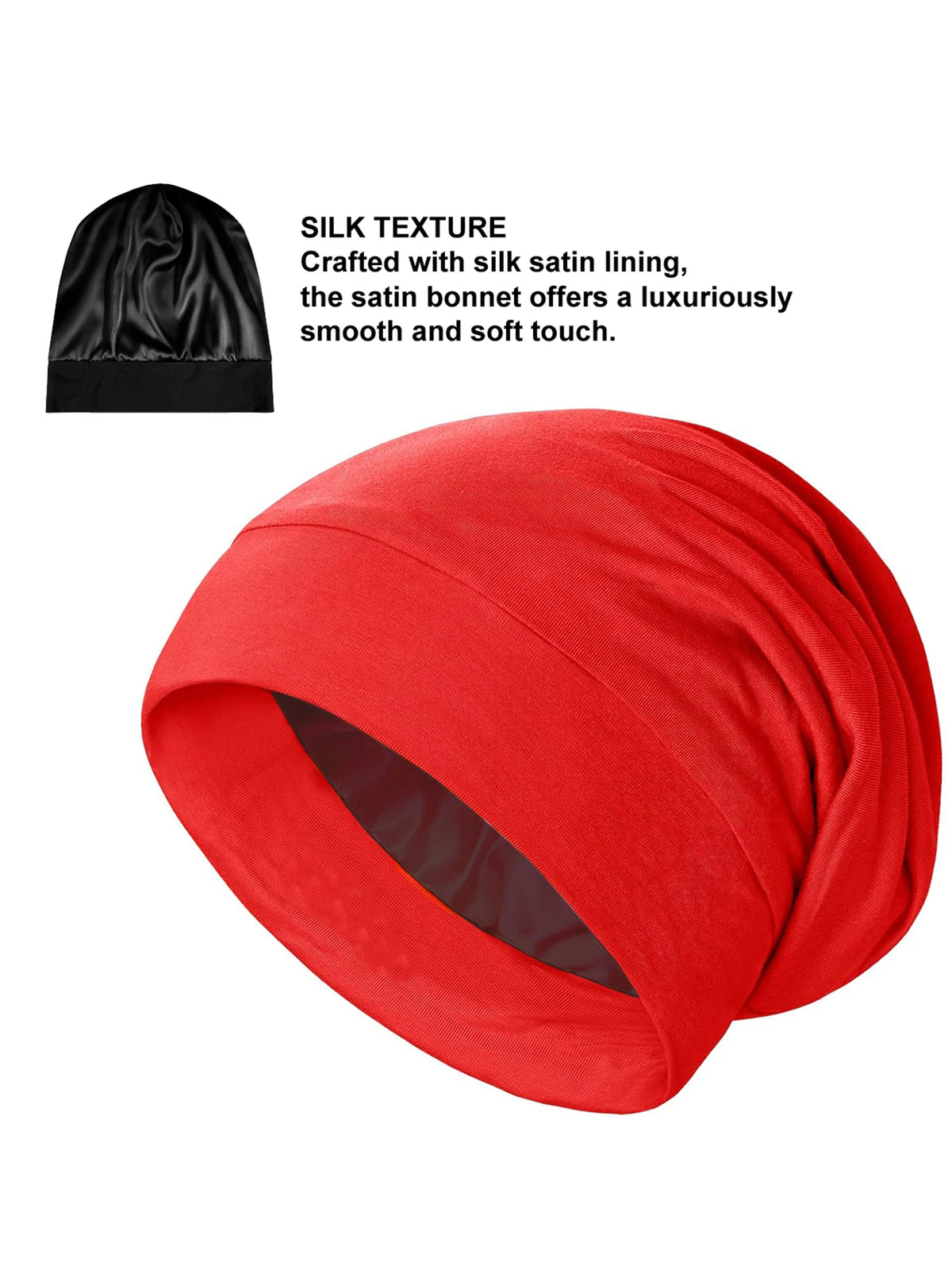 A bright red satin sleep bonnet shown in a draped, circular form.