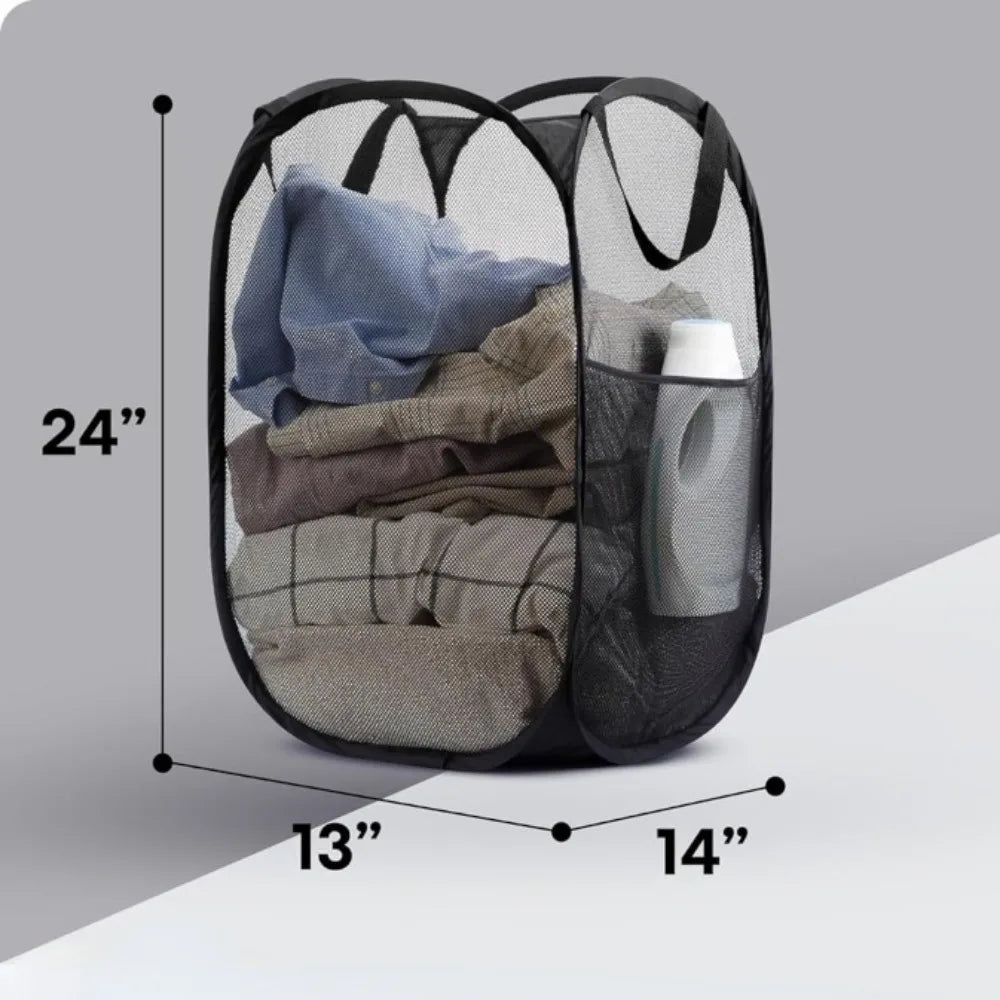 A black mesh laundry basket organizer filled with folded gray and blue clothing and a white bottle.