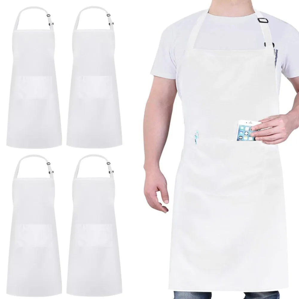 A person wearing a white water-resistant bib apron with pockets.