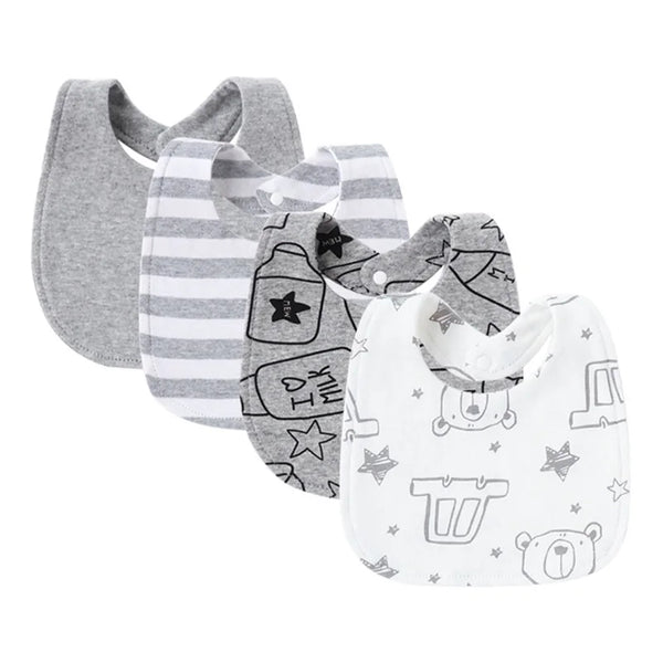 A pack of four soft cotton baby bibs featuring various cute prints and striped patterns.