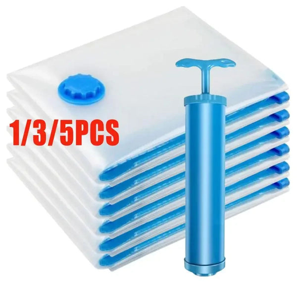 Stack of clear vacuum storage bags with a blue hand pump visible.