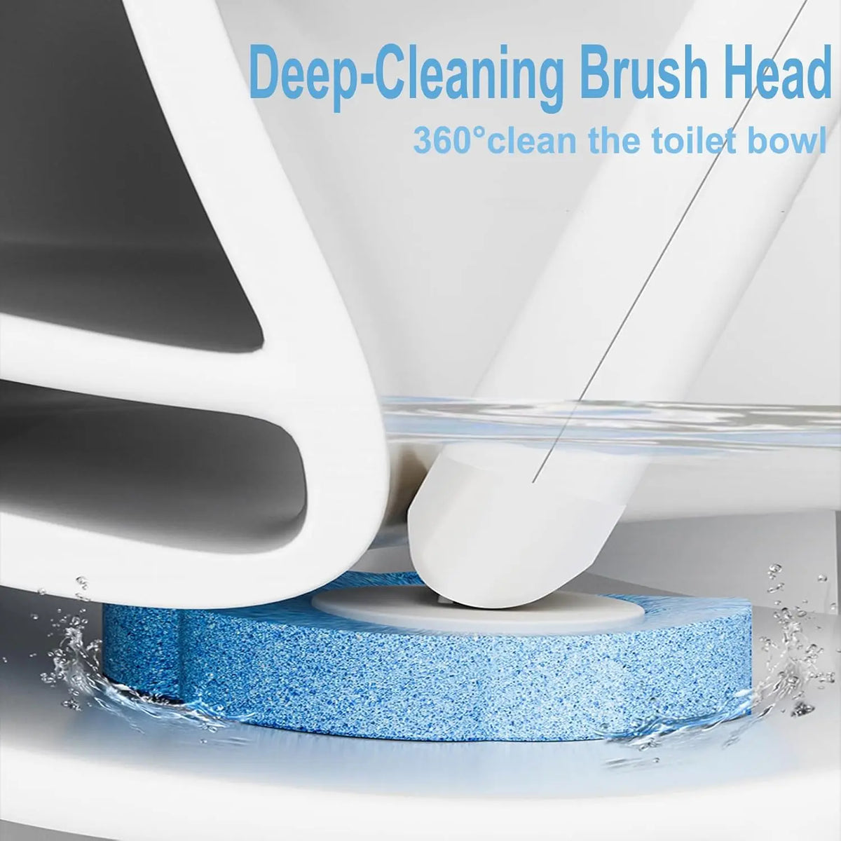 A white deep-cleaning brush head is shown cleaning a blue toilet bowl with water.