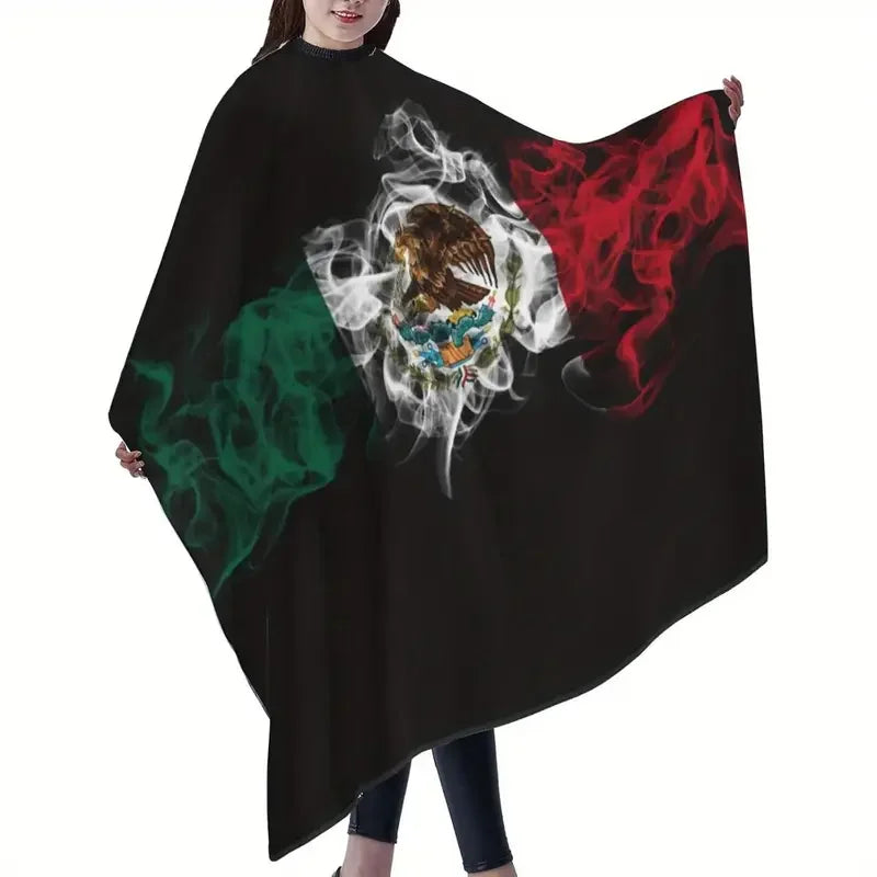 A black cape featuring a design inspired by the flag of Mexico with red, white, and green elements.