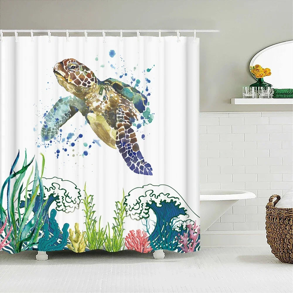 A shower curtain featuring a colorful sea turtle and green aquatic plants.