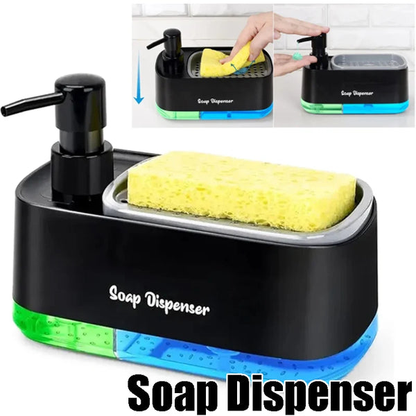 Set aus schwarzem und grünem Handseife-Dispenser mit gelber Seife und Dosierdüsen