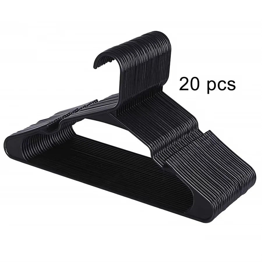A set of black plastic clothes hangers is shown, with a count of 20 pieces visible.