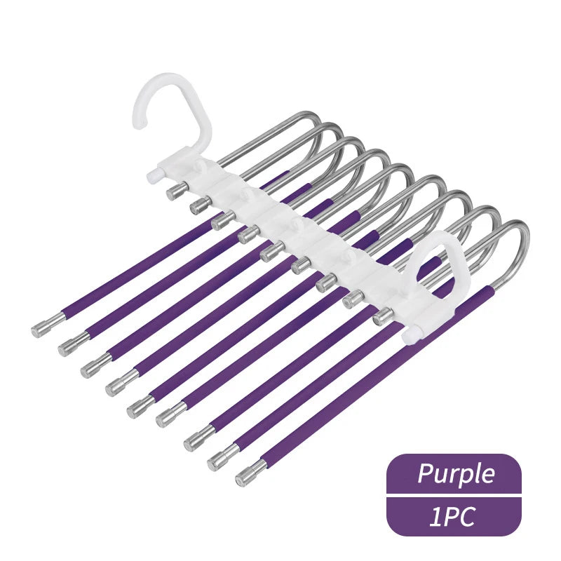 A set of purple stainless steel multi-layer hangers for clothes.