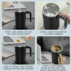 A four-step process showing how to use an electric self-stirring coffee mug to mix coffee powder or protein powder.