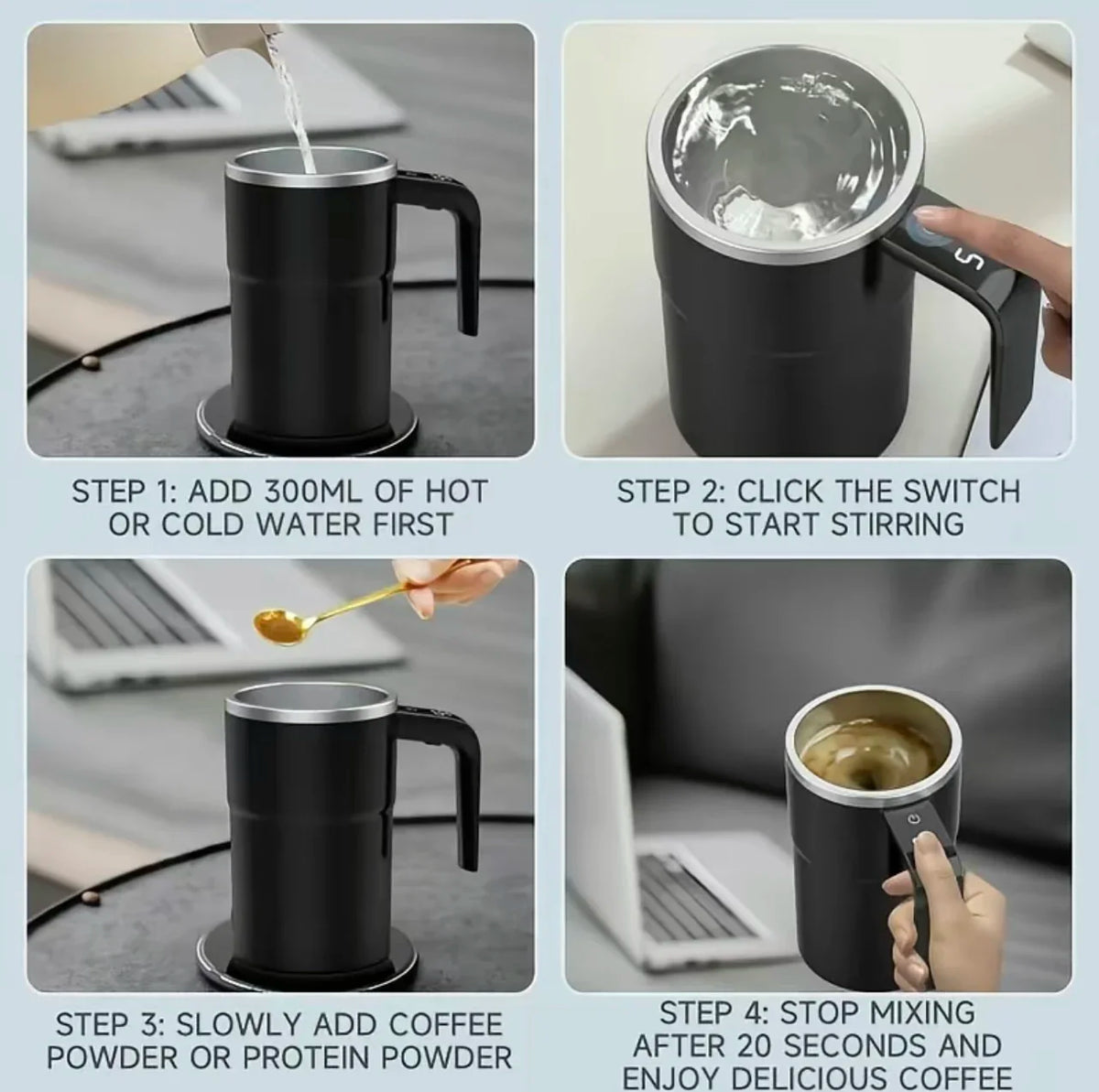 A four-step process showing how to use an electric self-stirring coffee mug to mix coffee powder or protein powder.