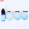 A bottle of fluorescent blue liquid candle dye with three discs showing 1, 5, and 10 drops of the blue color.