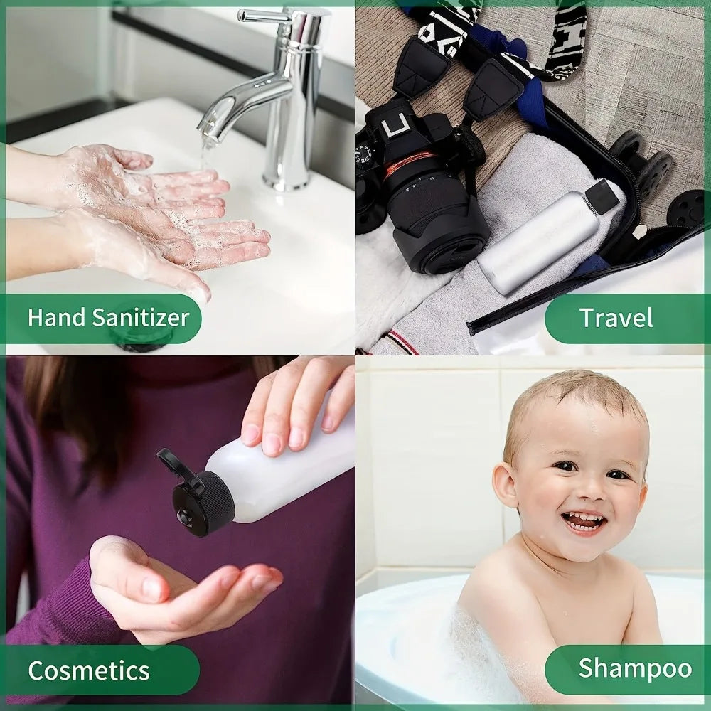 A set of refillable travel bottles for hand sanitizer, cosmetics, and shampoo shown in various contexts.