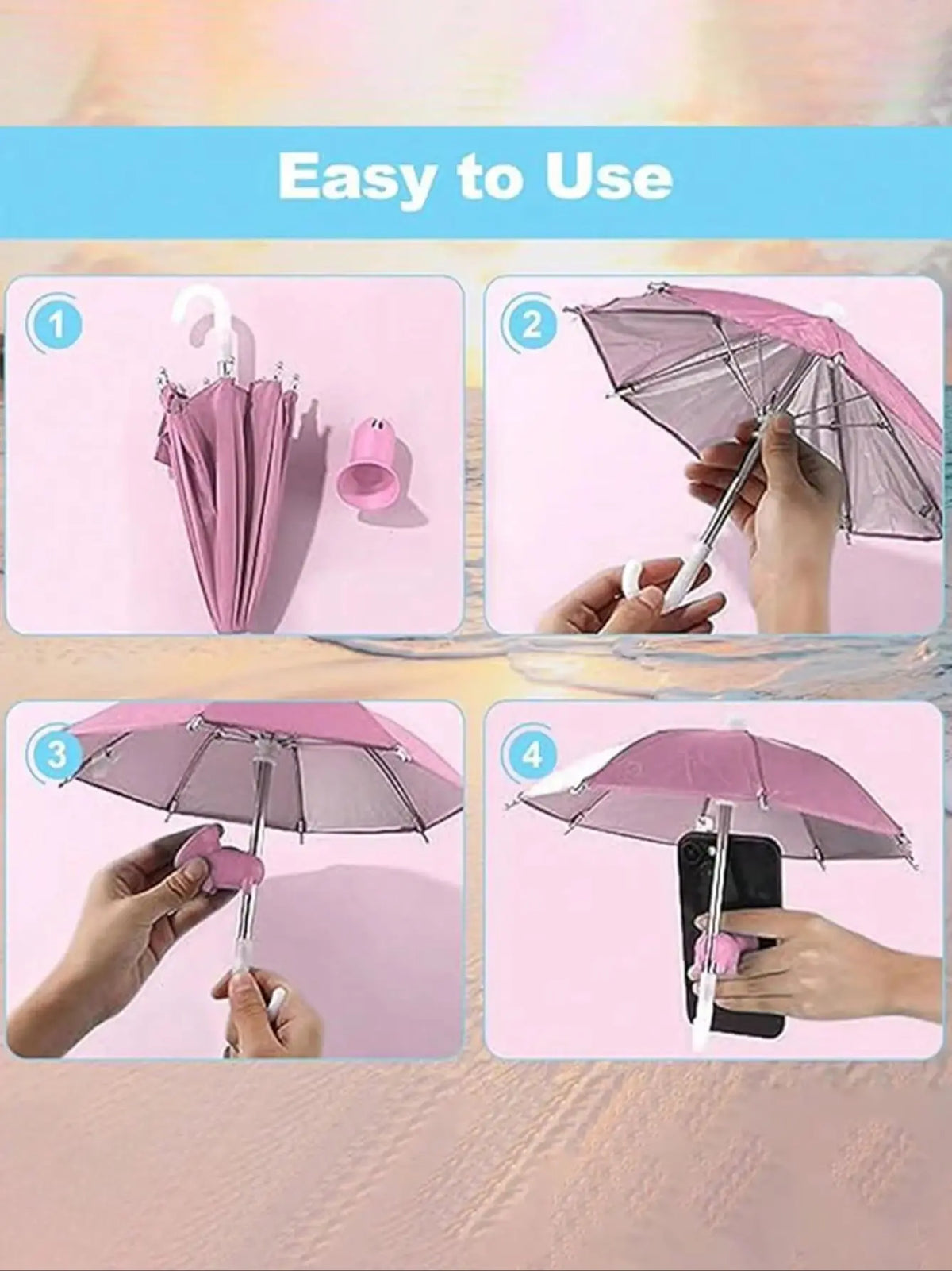 Four steps showing how to use a 2-pack of universal phone sunshades with suction cups for protection.