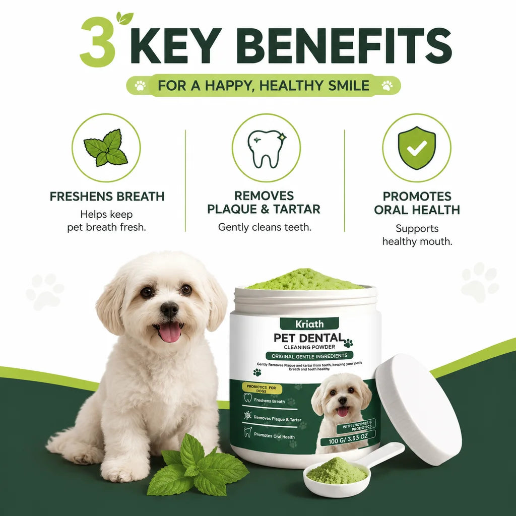 A jar of Kriath Pet Dental Cleaning Powder with mint leaves and a puppy in the foreground.