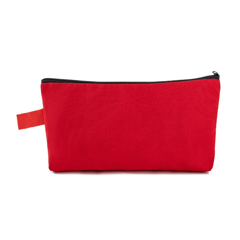 A red zippered pouch used for storing cosmetics or stationery.